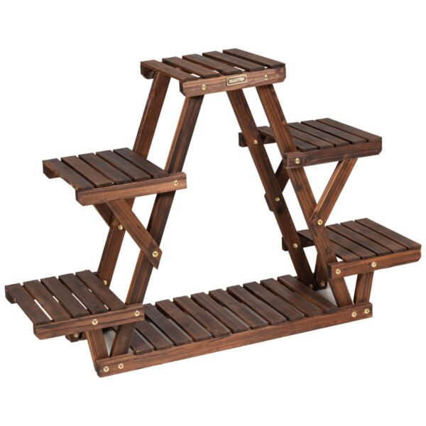 Suporte triangular de madeira para plantas, com capacidade para 6 vasos de flores.