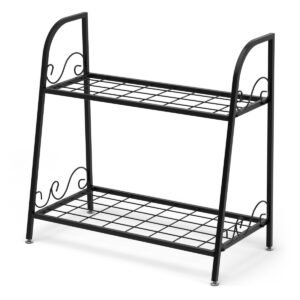 Suporte de metal para plantas de 2 níveis, para uso interno e externo, ideal para pátio, jardim e varanda.