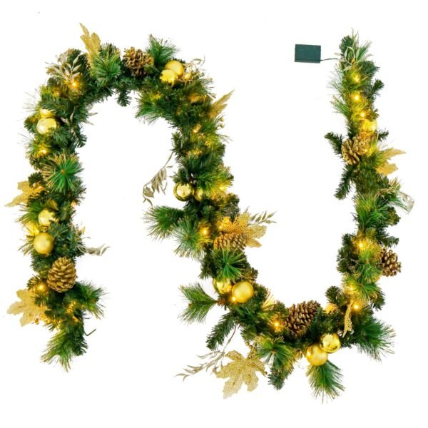 Guirlanda de Natal artificial pré-iluminada com luzes LED e frutinhas douradas.