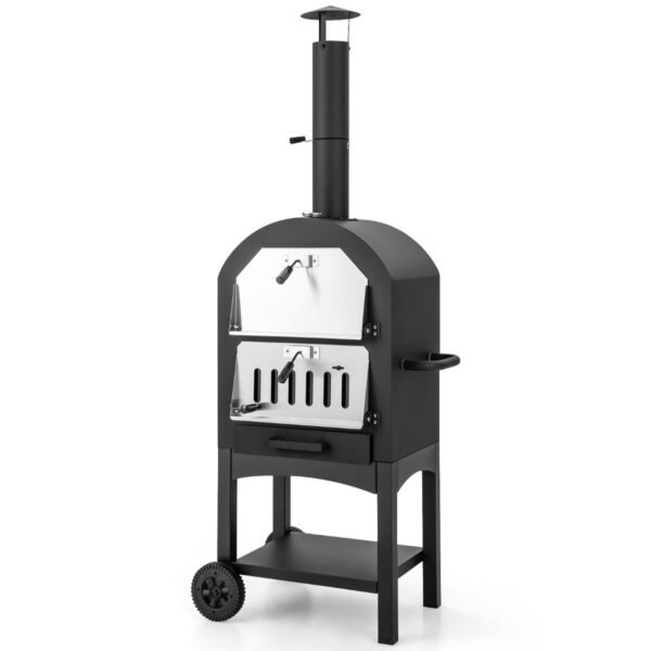 Forno de pizza a lenha, churrasqueira de jardim independente com 2 rodas, churrasqueira robusta para uso externo.