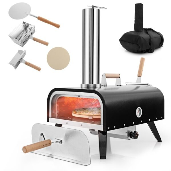 Forno de aço inoxidável de 3 camadas com termômetro, pá para pizza e bolsa de transporte.
