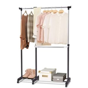 Cabideiro móvel com trilho simples/duplo, rodas e prateleira inferior.