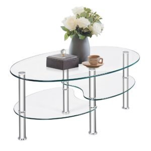 Mesa de vidro com 3 níveis e design oval moderno. Prateleira transparente de três níveis.