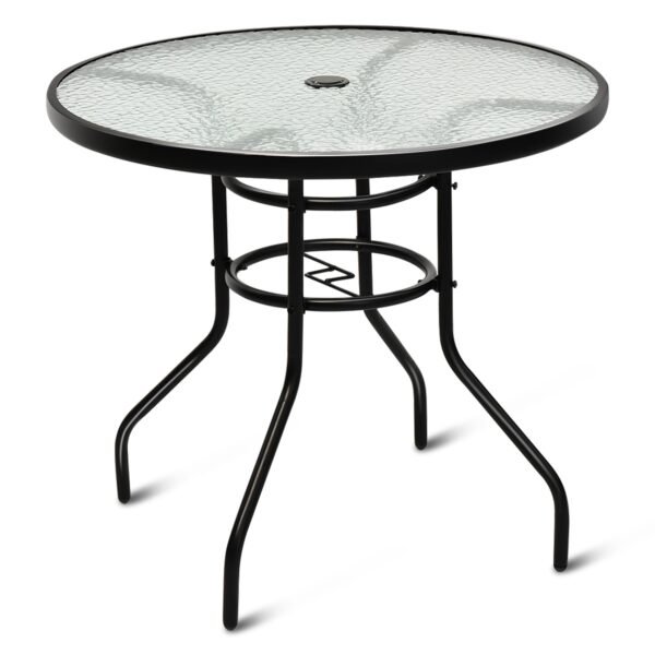 Mesa de bistrô de metal com orifício para guarda-sol e tampo de vidro espesso, mesa de jardim, mesa de vidro preta.