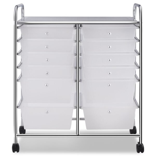 Carrinho de armazenamento móvel com 12 gavetas, sendo 2 com fechadura, ideal para casa ou escritório.