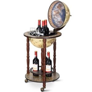Suporte para garrafas de vinho em formato de globo, de madeira, com rodas, design italiano de 17 polegadas.