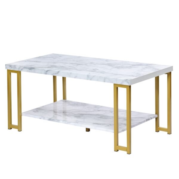 Mesa de centro retangular moderna de 2 níveis com estrutura metálica dourada.