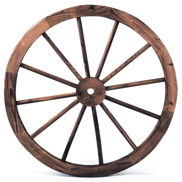 Roda de carroça decorativa de madeira com chapa de ferro marrom, 76x76x3,5 cm