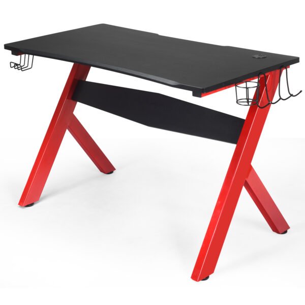 Mesa ergonômica para jogos de computador com suporte para copos e fones de ouvido.