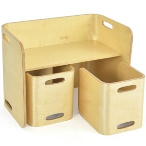 Conjunto de mesa e cadeiras de madeira para crianças, com 3 peças.