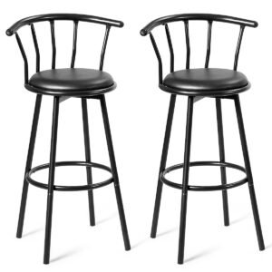 2 banquetas giratórias 360° com estrutura tubular de aço e almofadas espessas de espuma preta.