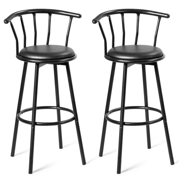 2 banquetas giratórias 360° com estrutura tubular de aço e almofadas espessas de espuma preta.