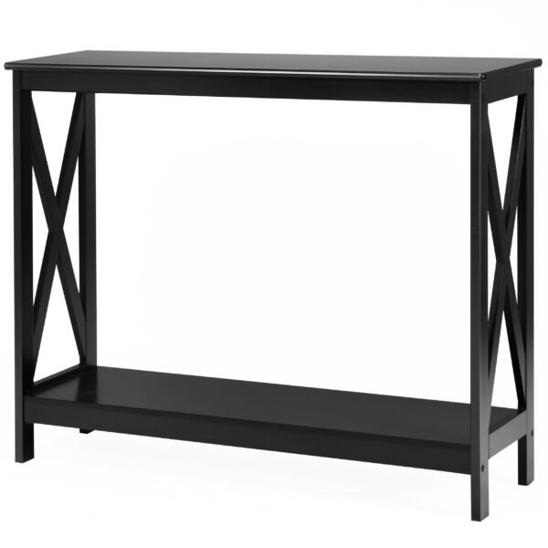 Mesa de console estreita industrial de 2 níveis com prateleira de armazenamento para hall de entrada - Preta