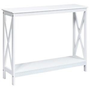 Mesa de console estreita industrial de 2 níveis com prateleira de armazenamento para hall de entrada - Branca