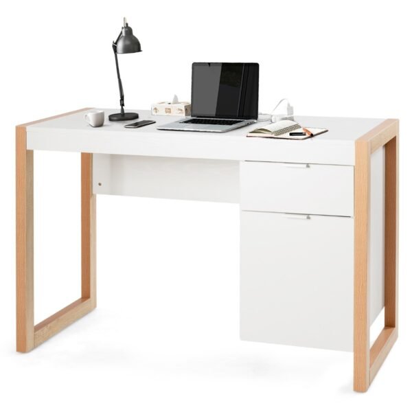Mesa de computador moderna, escrivaninha, estação de trabalho com armário e gaveta - Branca