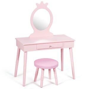 Conjunto de penteadeira infantil com banquinho e espelho removível, cor rosa.