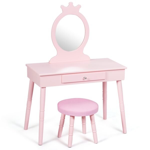 Conjunto de penteadeira infantil com banquinho e espelho removível, cor rosa.