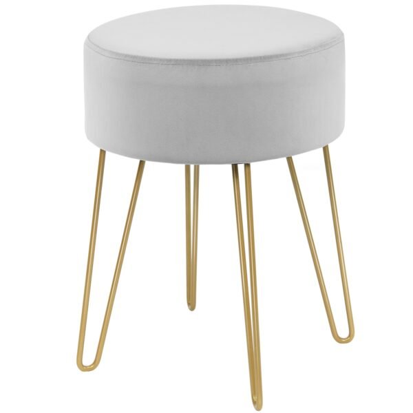 Banqueta de veludo com pés de metal, banqueta redonda moderna, otomana de veludo, banqueta lateral cinza.