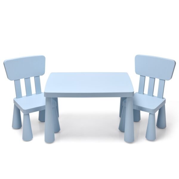 Conjunto de mesa infantil com 3 peças e 2 cadeiras para leitura.