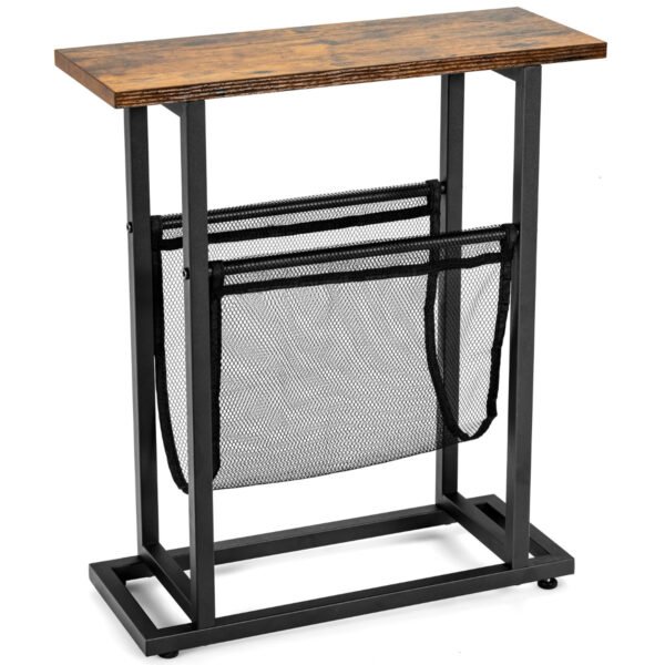 Mesa lateral industrial de 2 níveis com porta-revistas em tela para sala de estar/quarto/escritório