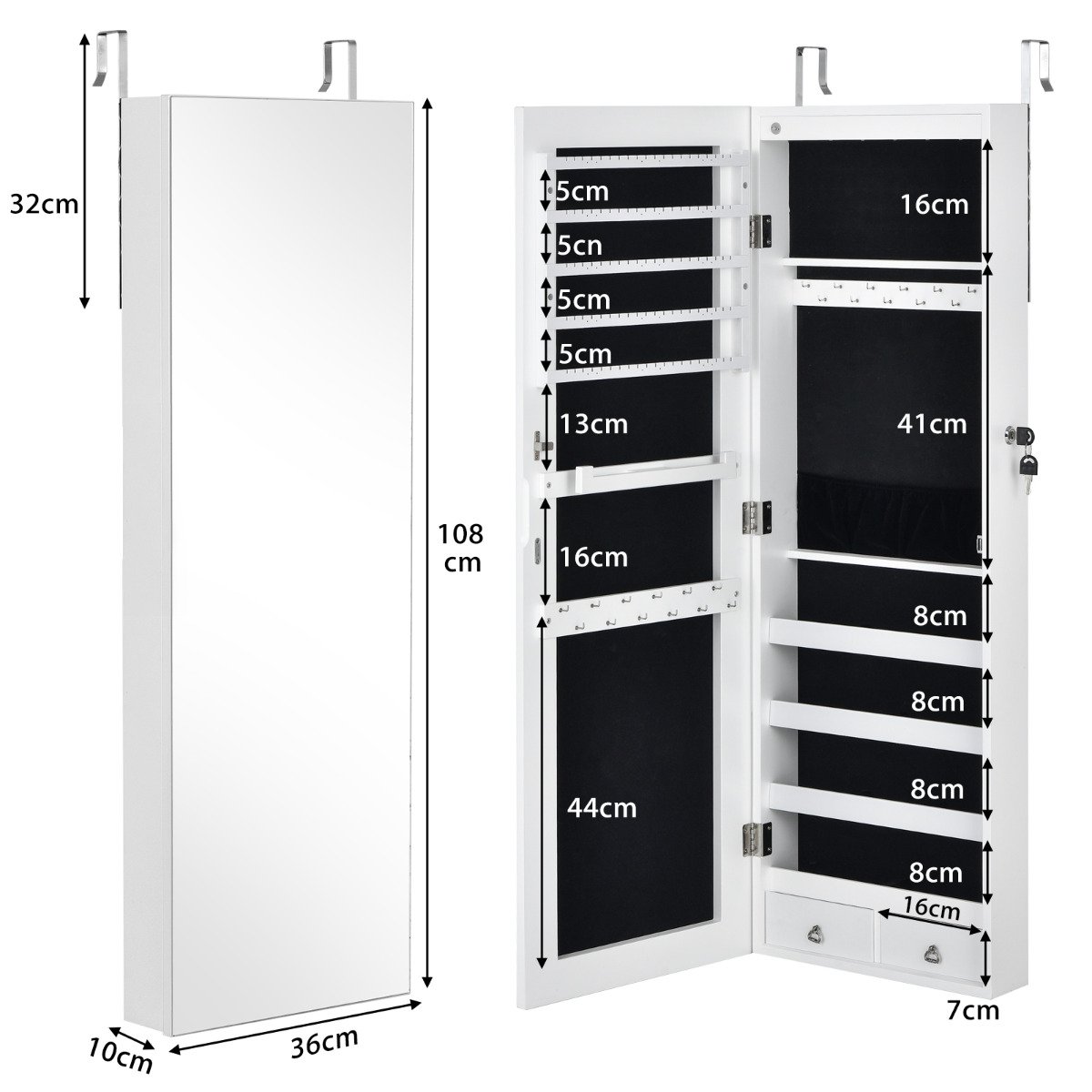 Armário de joias com espelho de parede de tela inteira e 6 LEDs - Branco - Image 3