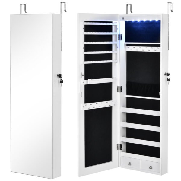 Armário de joias com espelho de parede de tela inteira e 6 LEDs - Branco
