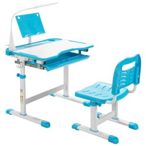 Conjunto de mesa e cadeira de estudo infantil com altura ajustável e suporte para livros - Azul