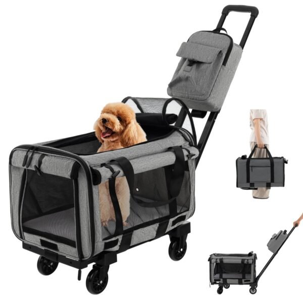 Transportadora para gatos com rodinhas, tapetes reutilizáveis ​​e saco para areia - Cinza