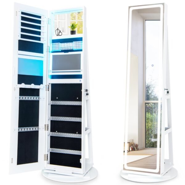 Armário para joias com espelho e luzes LED ajustáveis, 54,5 x 54,5 x 160 cm, branco.