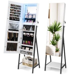 Armário de joias de chão com fechadura, espelho de corpo inteiro e luzes LED - Branco