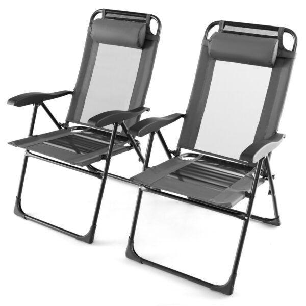 Conjunto de 2 cadeiras dobráveis ​​para pátio com apoios de braço largos e encosto com 7 níveis de inclinação, ideais para camping, quintal e jardim - Cinza