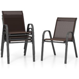 Conjunto de 4 cadeiras de jardim empilháveis ​​em textilene com estrutura metálica, 56 x 70 x 84 cm, cor marrom.