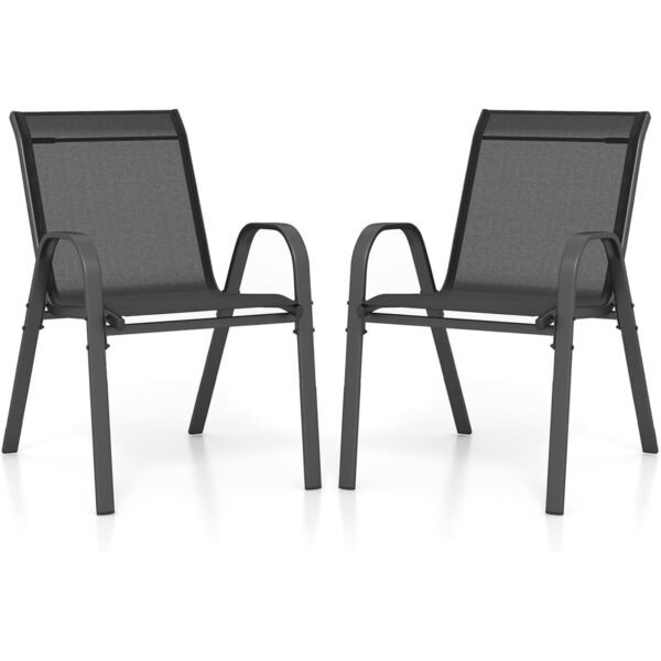 Conjunto de 2 cadeiras de jantar empilháveis ​​de metal para pátio com apoio de braços - pretas