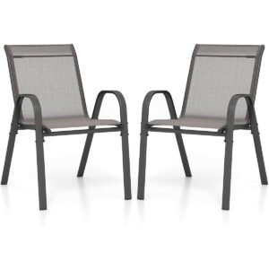 Conjunto de 2 cadeiras de jantar empilháveis ​​de metal para pátio com apoio de braços - Cinza