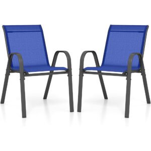 Conjunto de 2 cadeiras de jantar empilháveis ​​de metal para pátio com apoio de braços - Azul Marinho