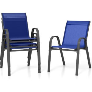 Conjunto de 4 cadeiras de jardim empilháveis ​​em textilene com estrutura metálica, 56 x 70 x 84 cm, azul.