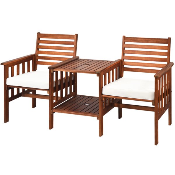 Conjunto de mesa e cadeiras para área externa, 3 peças, em madeira de acácia, modelo sofá de dois lugares - Branco