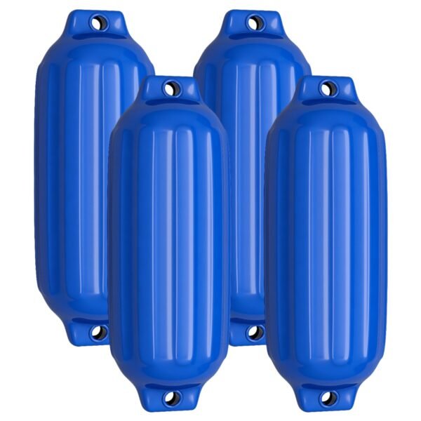 Conjunto de 4 defensas de atracação para barcos, com nervuras e amortecedores, na cor azul.