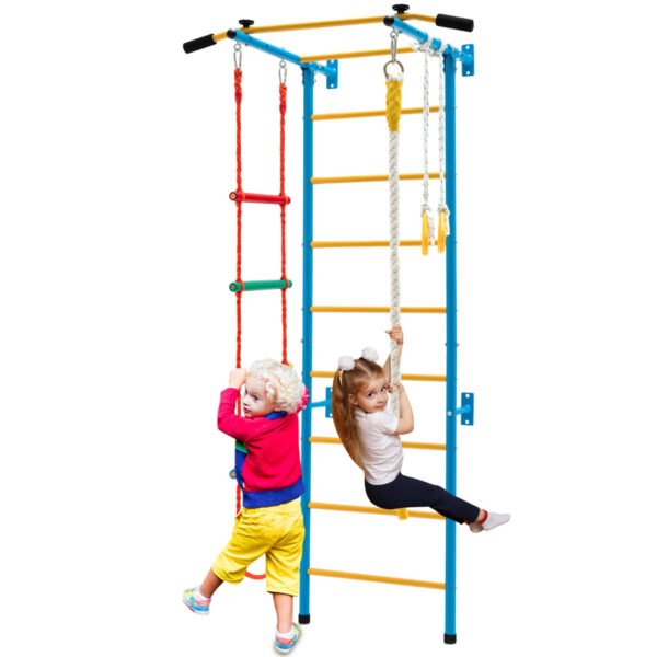 Conjunto de escada sueca com estrutura de escalada, barra fixa, cordas e argolas - Amarelo e Azul