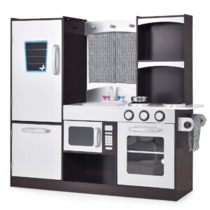 Conjunto de cozinha moderna de madeira para crianças, ideal para brincar de cozinhar.