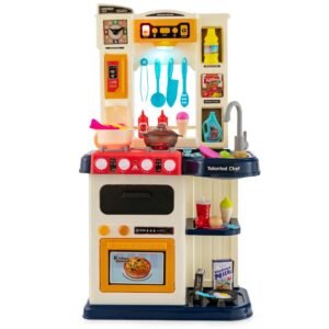 Conjunto de cozinha infantil de brinquedo com 65 peças e acessórios, incluindo vapor de mentira - Azul