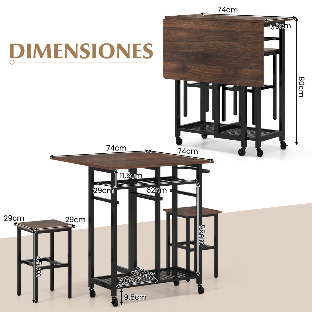 Conjunto de mesa de jantar de 3 peças com suporte para 6 garrafas de vinho - Marrom - Image 3