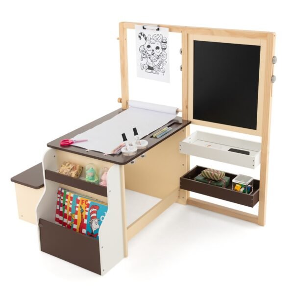 Conjunto de mesa e banco de madeira para centro de arte infantil - Marrom