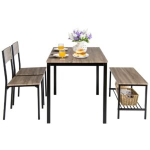 Conjunto de mesa de jantar de 3 peças, mesa de cozinha industrial de 120 cm com 2 bancos de bar, mesa de pub retangular e cadeiras de café