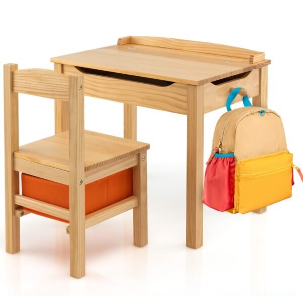 Conjunto de mesa e cadeiras infantis com espaço de armazenamento para crianças pequenas.