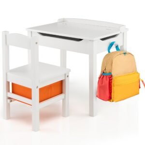 Conjunto de mesa e cadeiras infantis de madeira com espaço de armazenamento - Branco