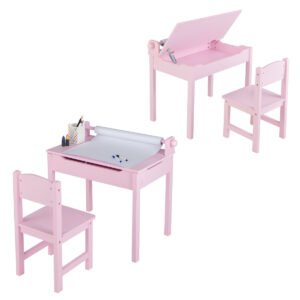 Mesa infantil com cadeira, tapete sensorial para crianças, rosa.