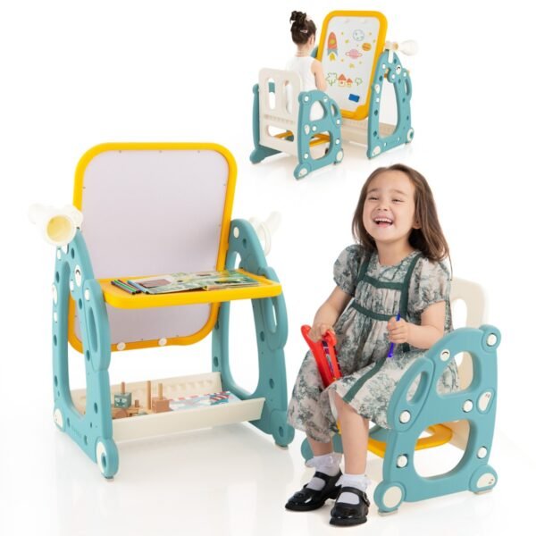 Cavalete de arte infantil com cadeira e quadro branco ajustável em 3 níveis - Multicolorido