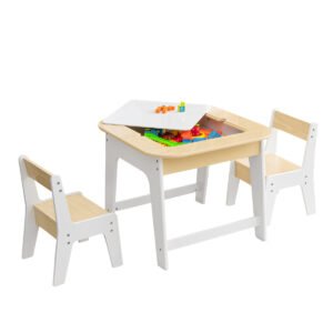 Conjunto de mesa e cadeiras infantis com tampo de mesa duplo - Cor natural