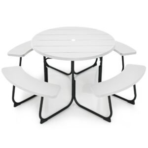 Conjunto de mesa de piquenique redonda para exterior, 43" (109 cm), para 8 pessoas, com orifício para guarda-sol - Branca